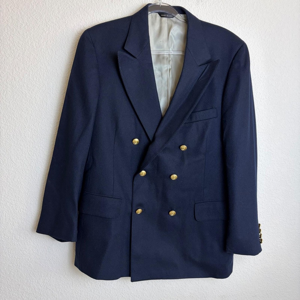 Vintage Chaps Ralph Lauren Navy Blue Double Breasted Blazer Gold Crest Button 42